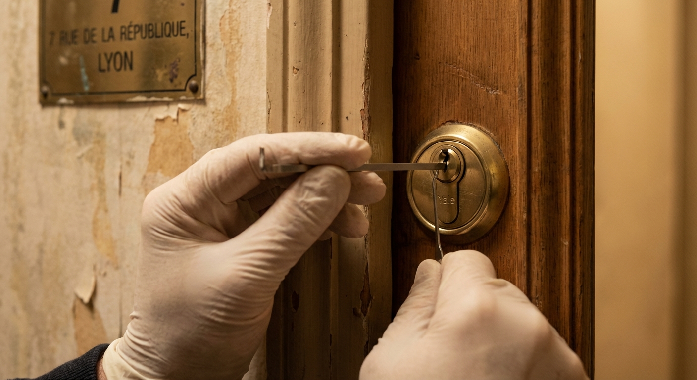 Serrurier en train de crocheter une serrure pour ouvrir une porte à Lyon